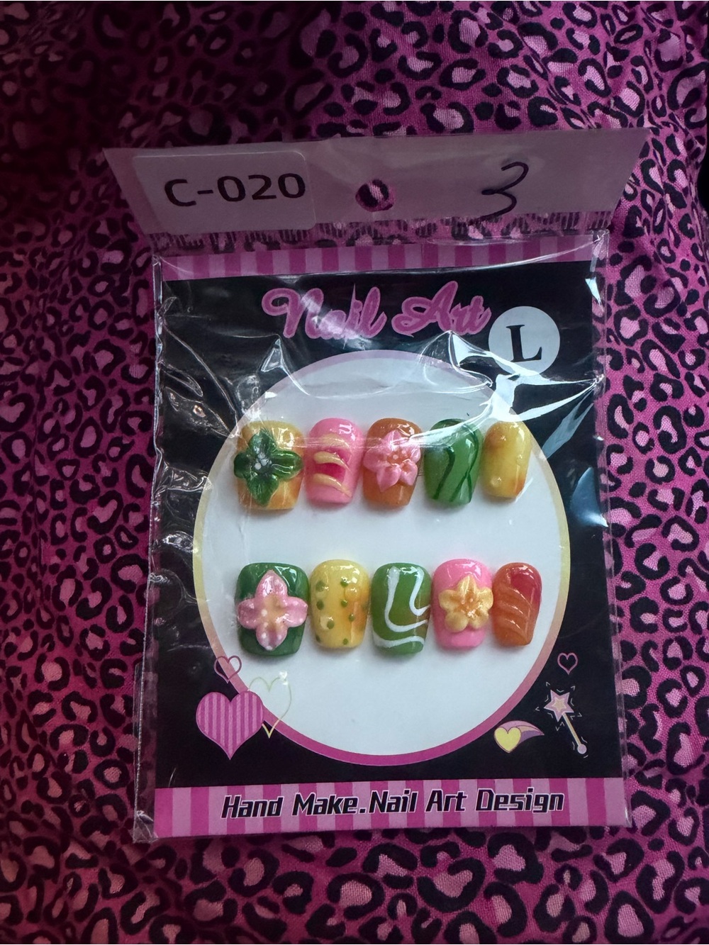 Hand Make Nail Art Design - Pink, Green & Yellow Decorative Press-On Nails